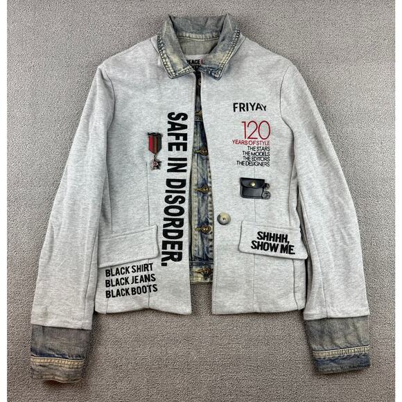Peace Love & Seven Seventy Women's Small Graphic Patchwork Art Denim Mix Jacket - Picture 1 of 14